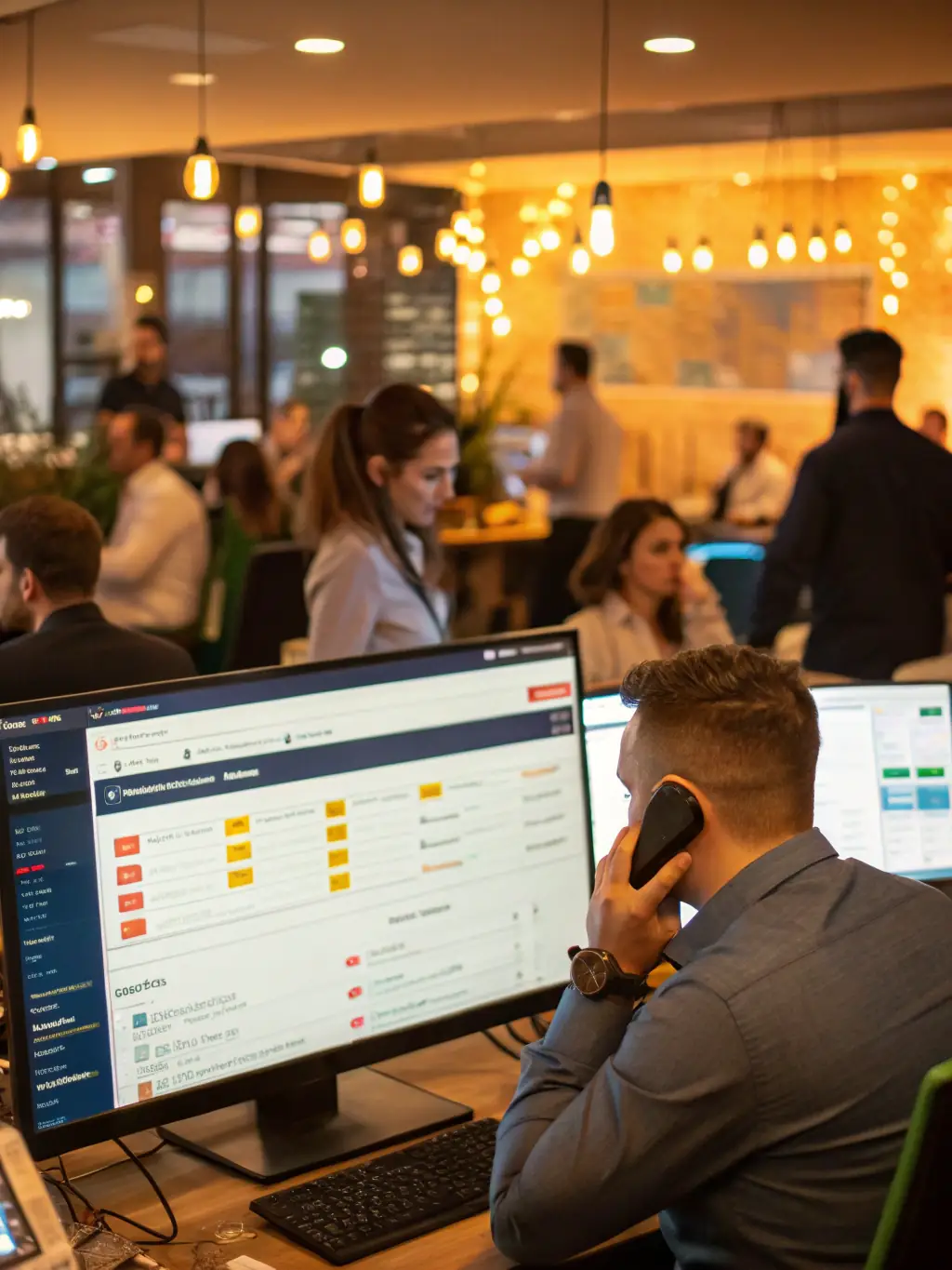 A visually appealing image of a CRM dashboard displaying customer data, sales pipelines, and marketing campaign performance, set in a modern office environment.