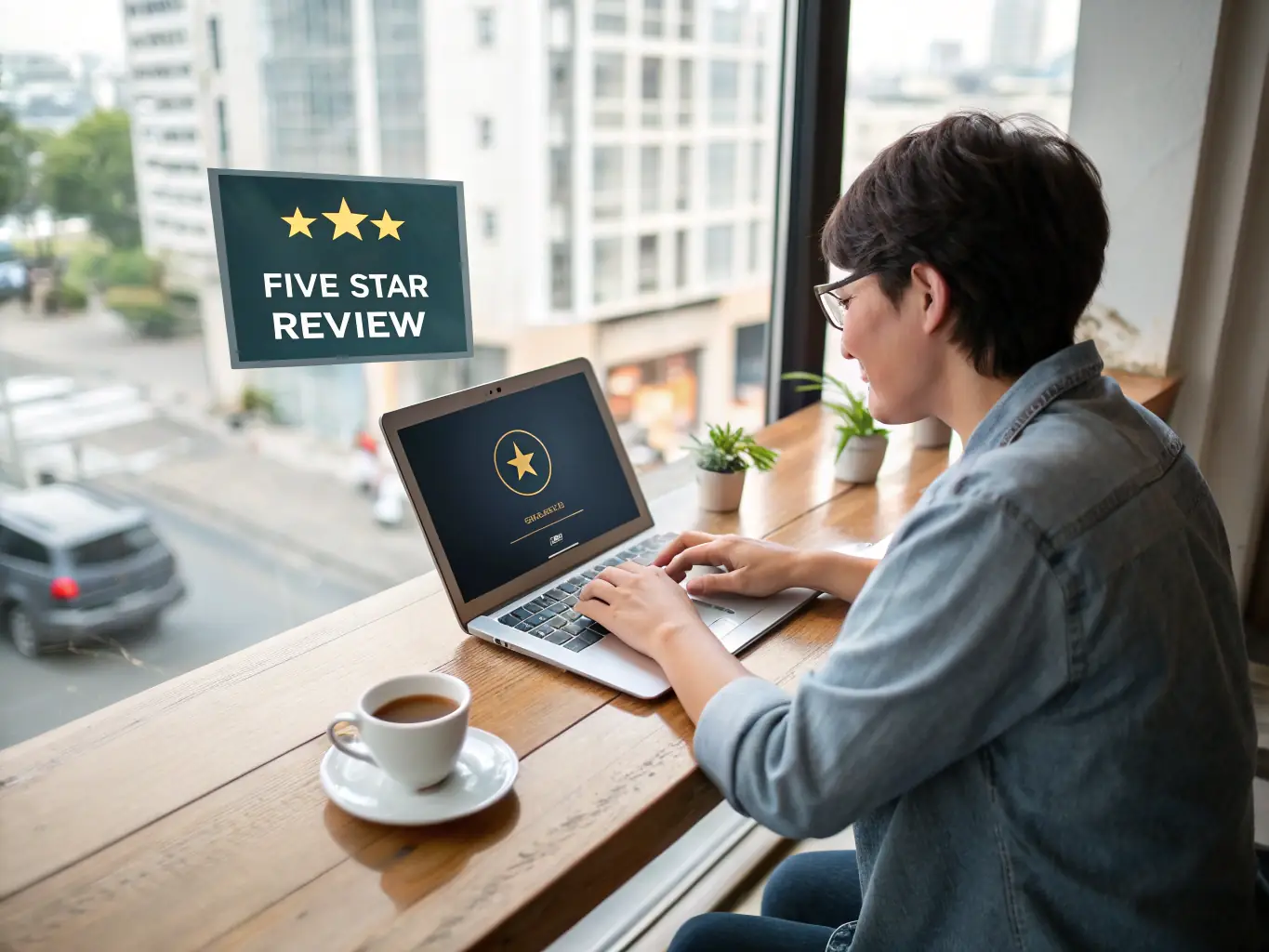 A small business owner using a CRM dashboard on a laptop, showcasing customer data and sales analytics, in a modern office setting.